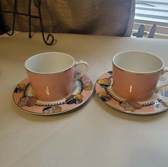 Anthropologie  Spal Porcelanas  Cliveden set of 2 teacup and saucer. Pink white - Picture 1 of 9